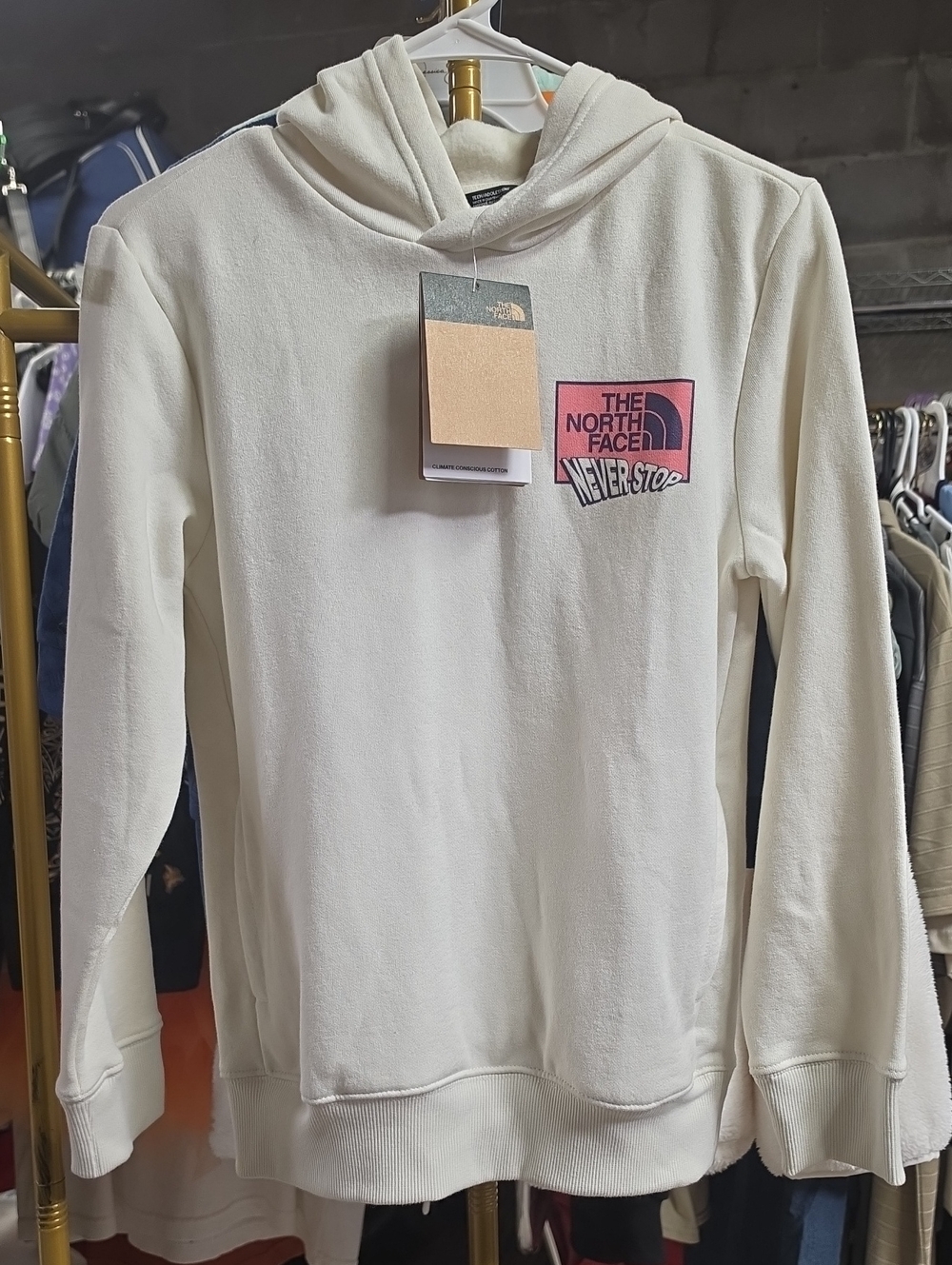 The North Face Teen Cream Hoodie with Pink Logo Patch